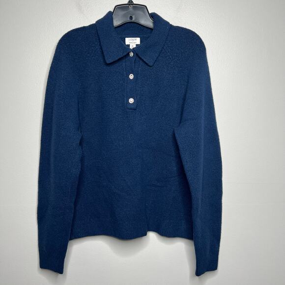 J.Crew Women's XL Extra Soft Rhinestone Button Long Sleeve Polo Sweater Navy Top - Picture 1 of 9